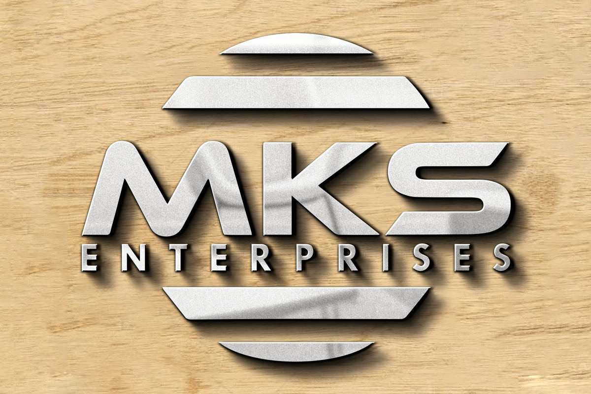 MKS Enterprises logo with a metallic 3D design on a wooden background